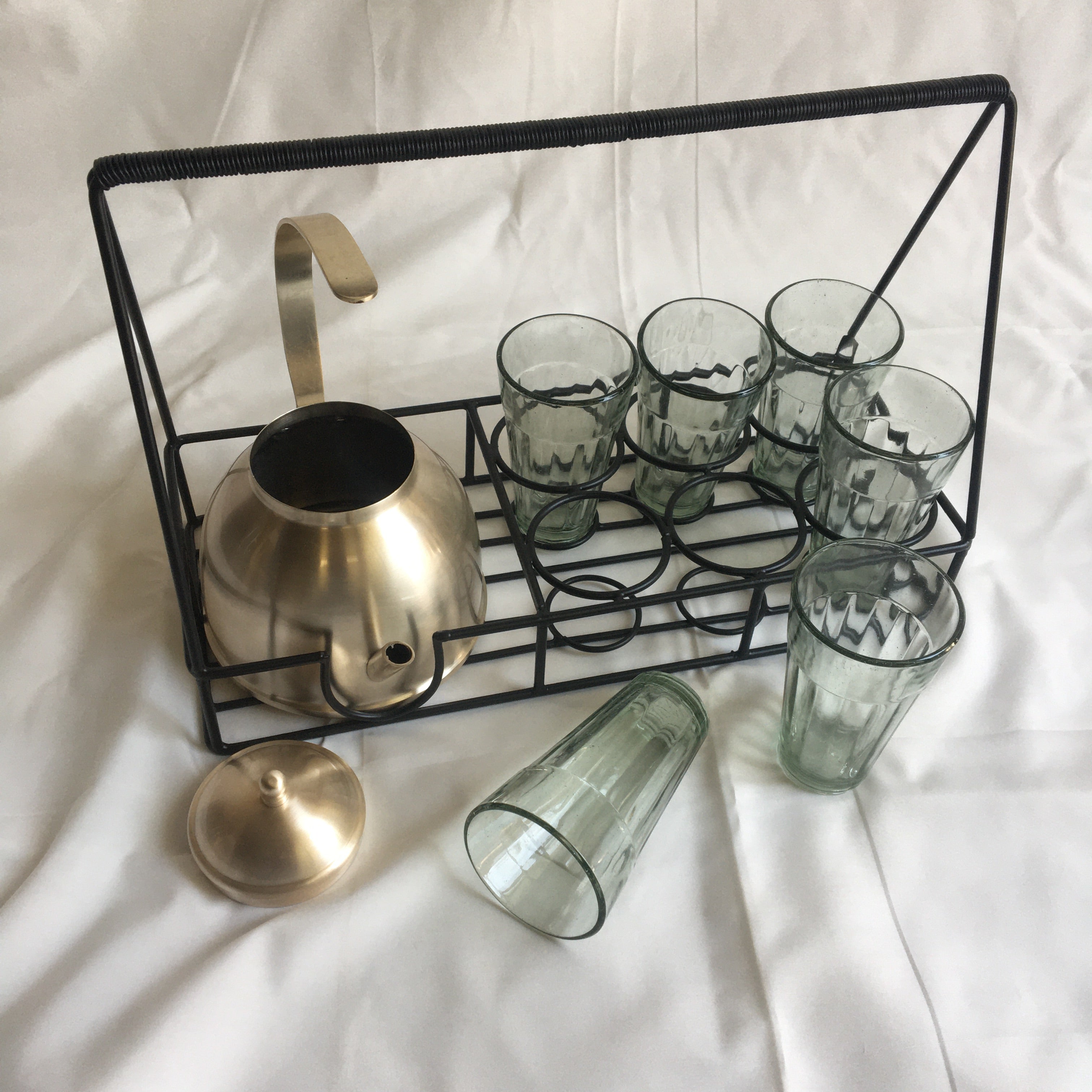 Stainless Steel In Beige Gold Finish Desi Tea Set with Kettle & 6 Glasses By MK