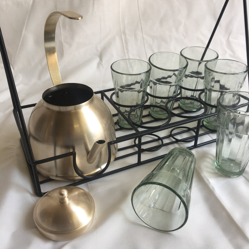 Stainless Steel In Beige Gold Finish Desi Tea Set with Kettle & 6 Glasses By MK