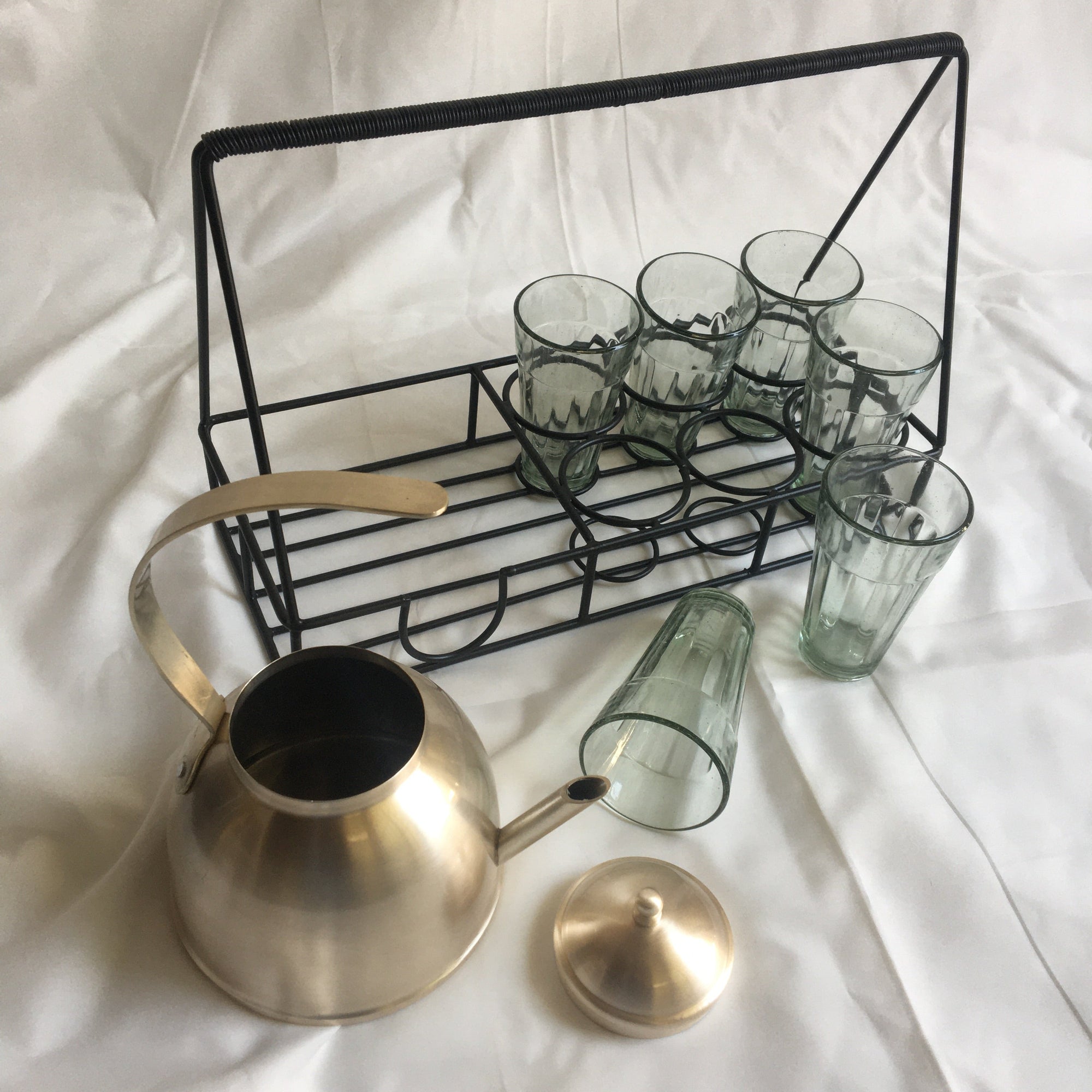 Stainless Steel In Beige Gold Finish Desi Tea Set with Kettle & 6 Glasses By MK