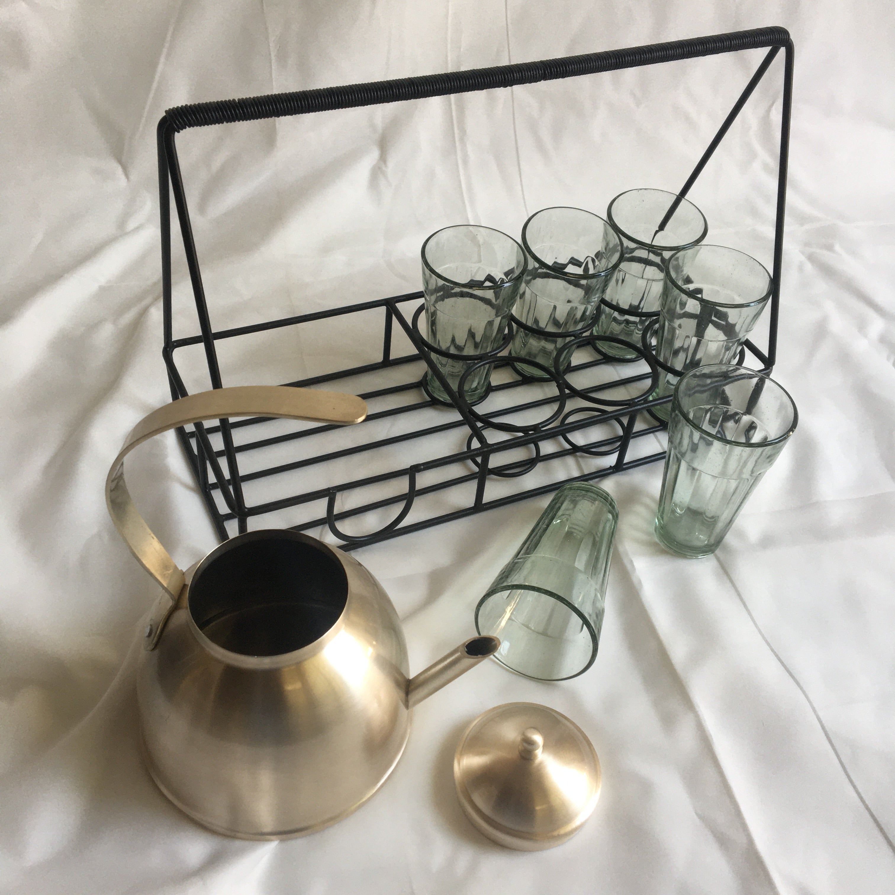 Stainless Steel In Beige Gold Finish Desi Tea Set with Kettle & 6 Glasses By MK