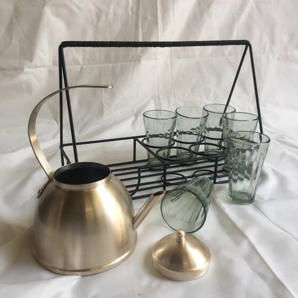 Stainless Steel In Beige Gold Finish Desi Tea Set with Kettle & 6 Glasses By MK