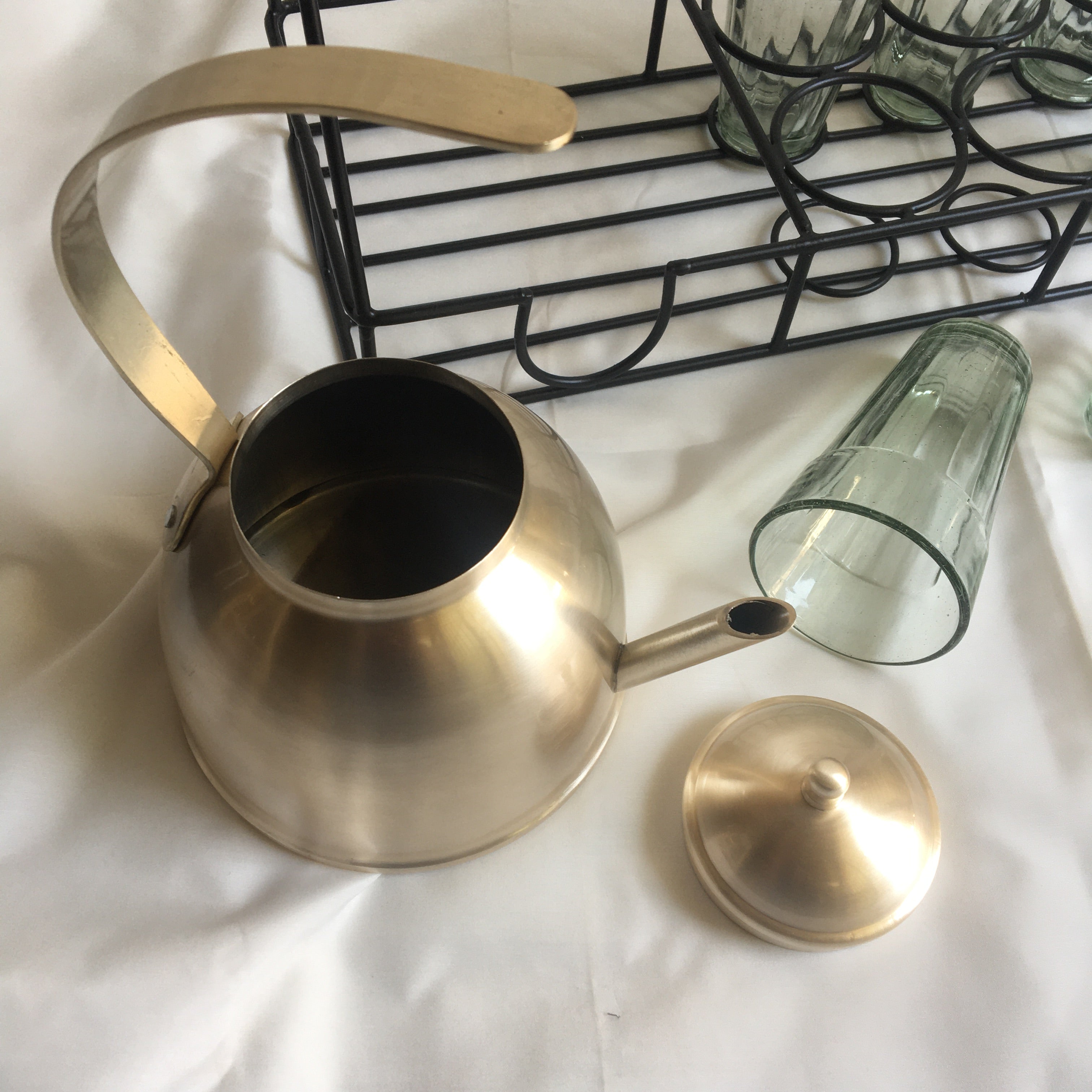 Stainless Steel In Beige Gold Finish Desi Tea Set with Kettle & 6 Glasses By MK