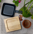 Square Cast Iron plate sizzler with wooden base - peelOrange.com