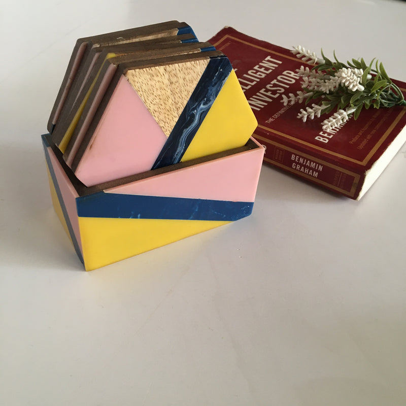Hexagon Resin Tea Coaster Set In Wooden Texture Design | Set of 6 | Single Pc