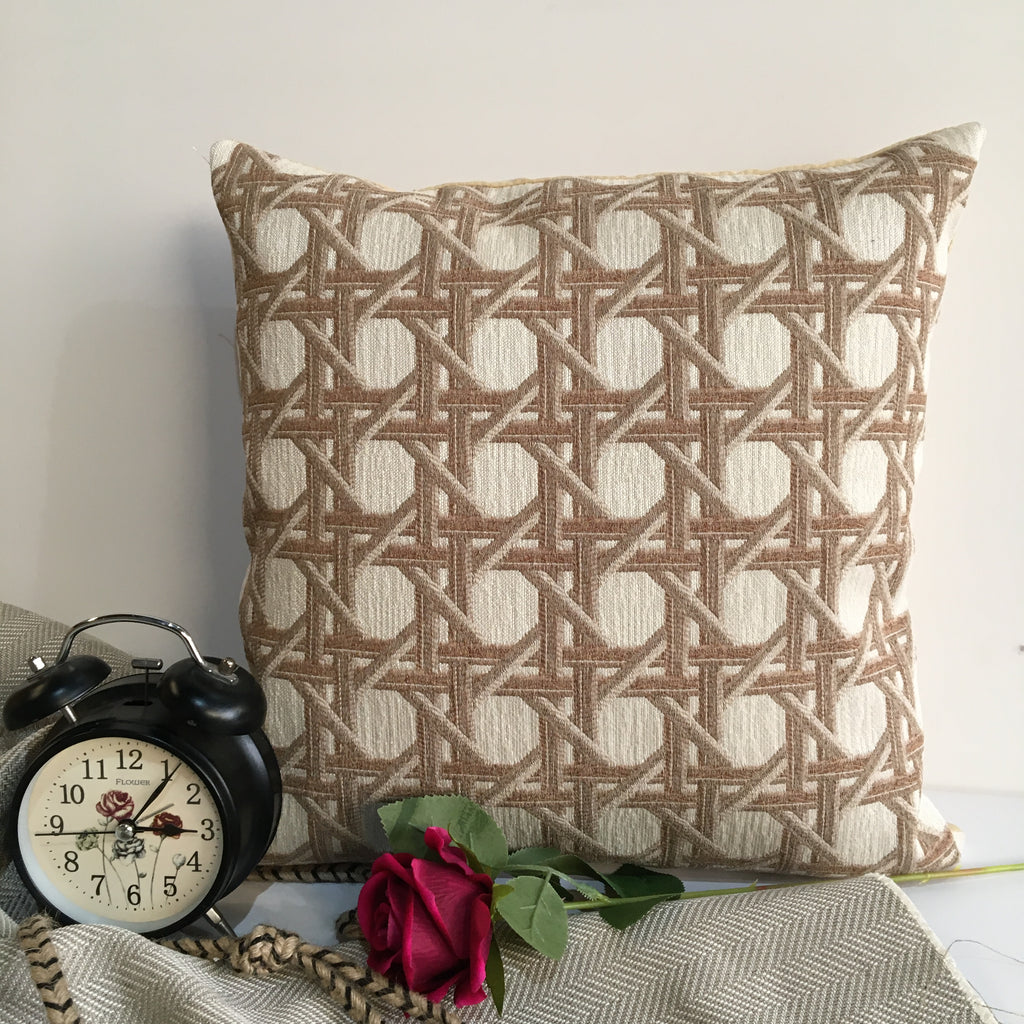 Beige Color Round Circle Printed Pattern Chenille Cushion Cover Design (16 x 16 inch) 1PC