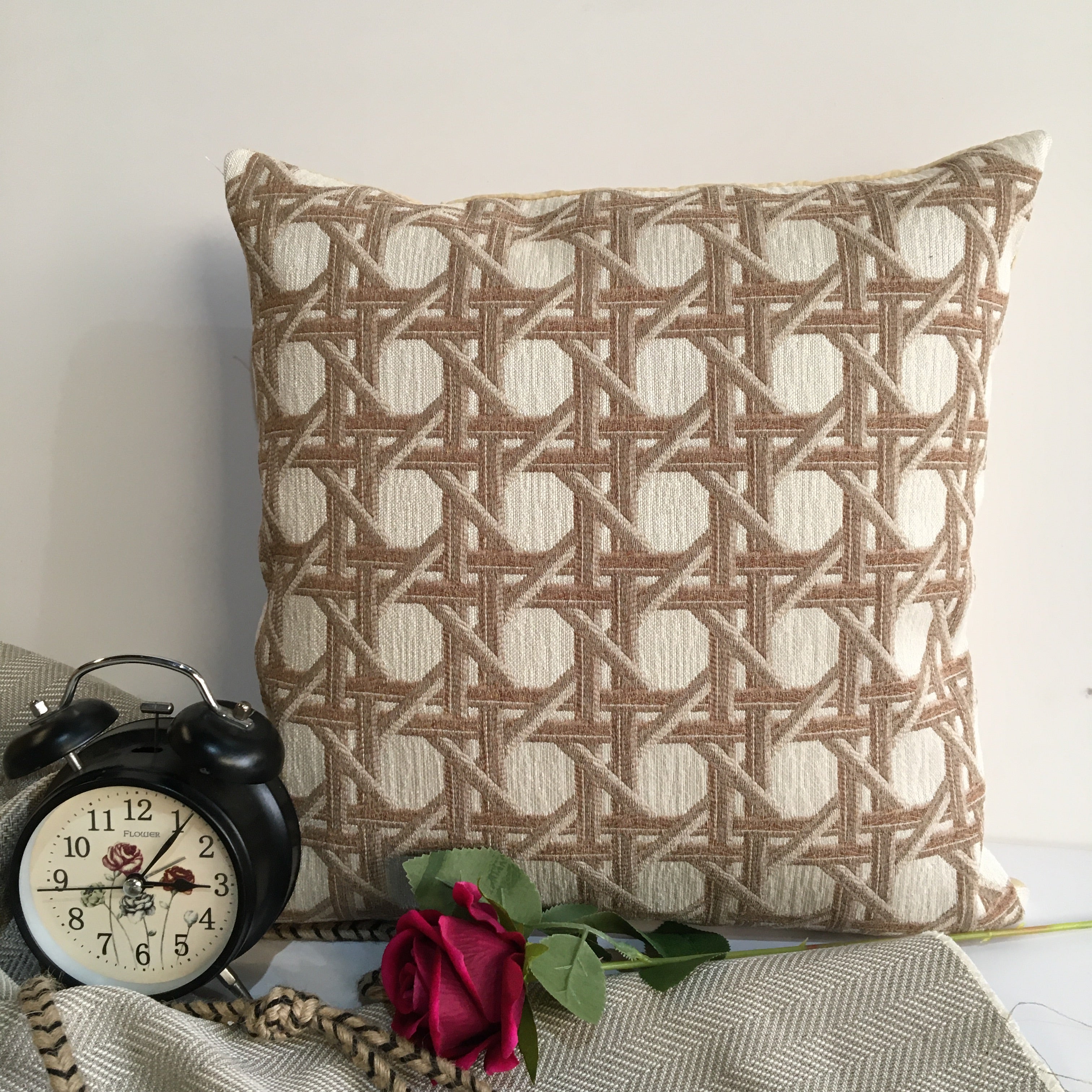 Beige Color Round Circle Printed Pattern Chenille Cushion Cover Design (16 x 16 inch) 1PC