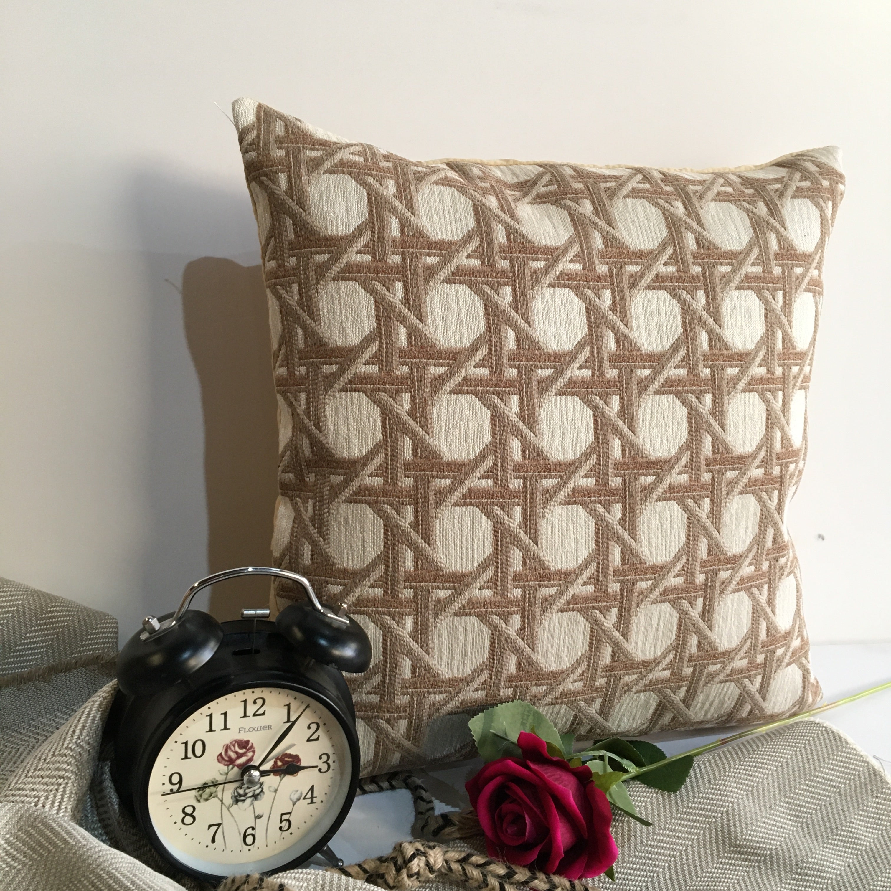 Beige Color Round Circle Printed Pattern Chenille Cushion Cover