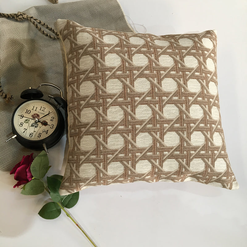 Beige Color Round Circle Printed Pattern Chenille Cushion Cover Design (16 x 16 inch) 1PC