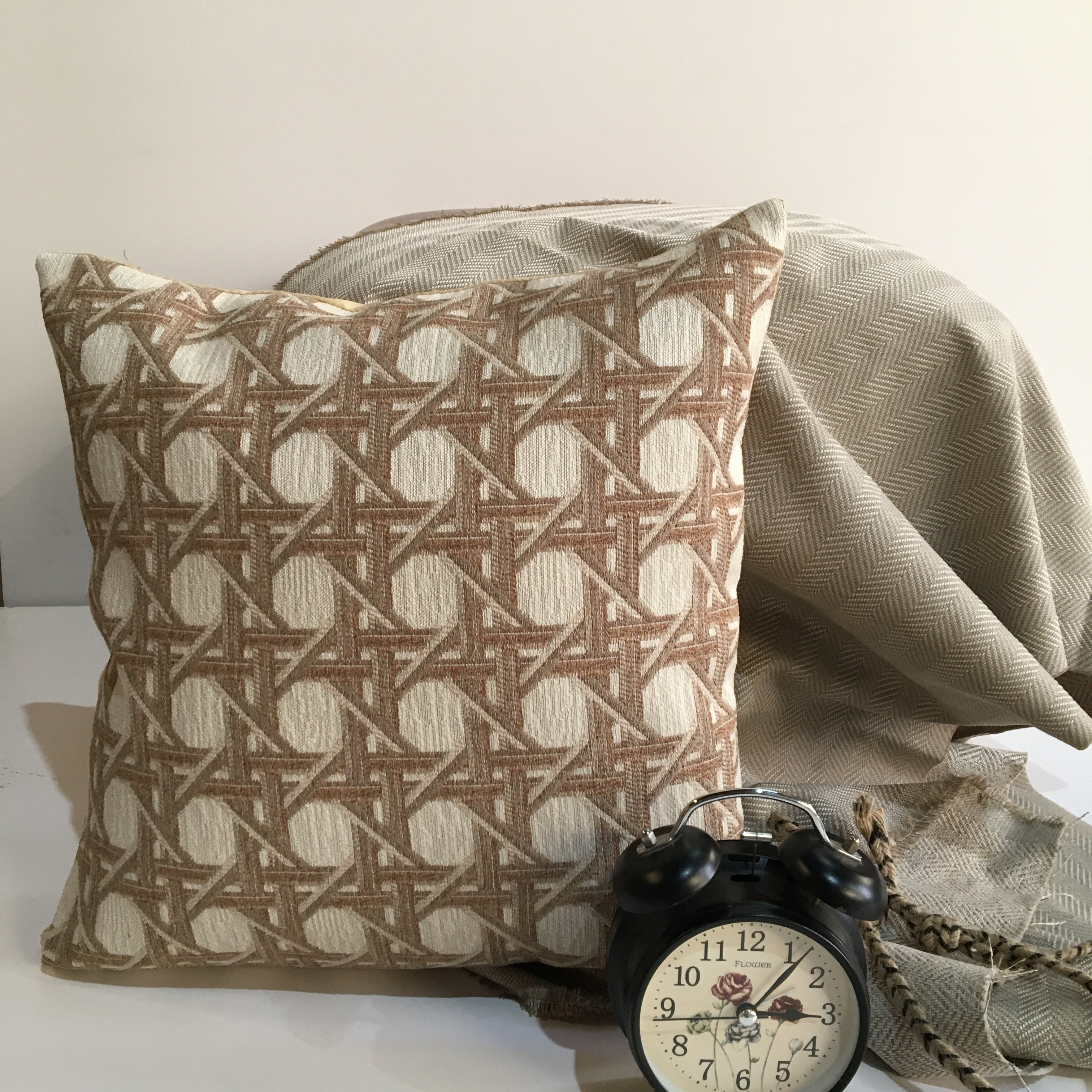 Beige Color Round Circle Printed Pattern Chenille Cushion Cover Design (16 x 16 inch) 1PC