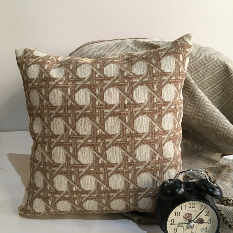 Beige Color Round Circle Printed Pattern Chenille Cushion Cover Design (16 x 16 inch) 1PC