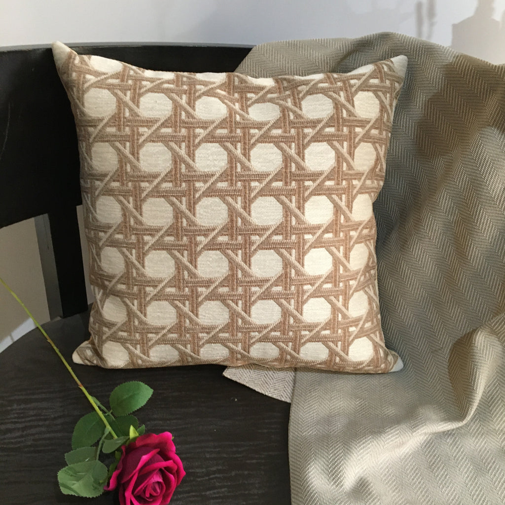 Beige Color Round Circle Printed Pattern Chenille Cushion Cover Design (16 x 16 inch) 1PC