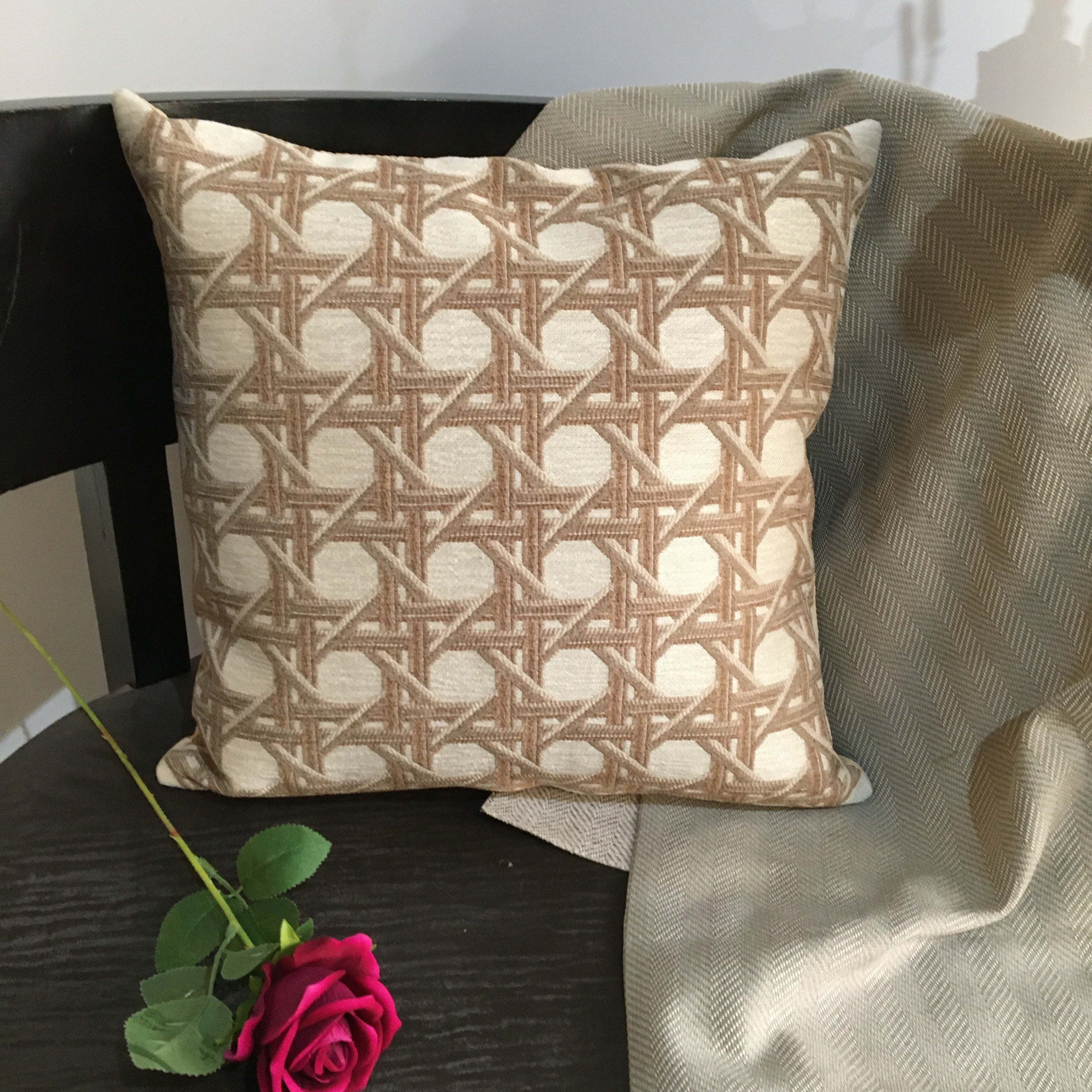 Beige Color Round Circle Printed Pattern Chenille Cushion Cover Design (16 x 16 inch) 1PC
