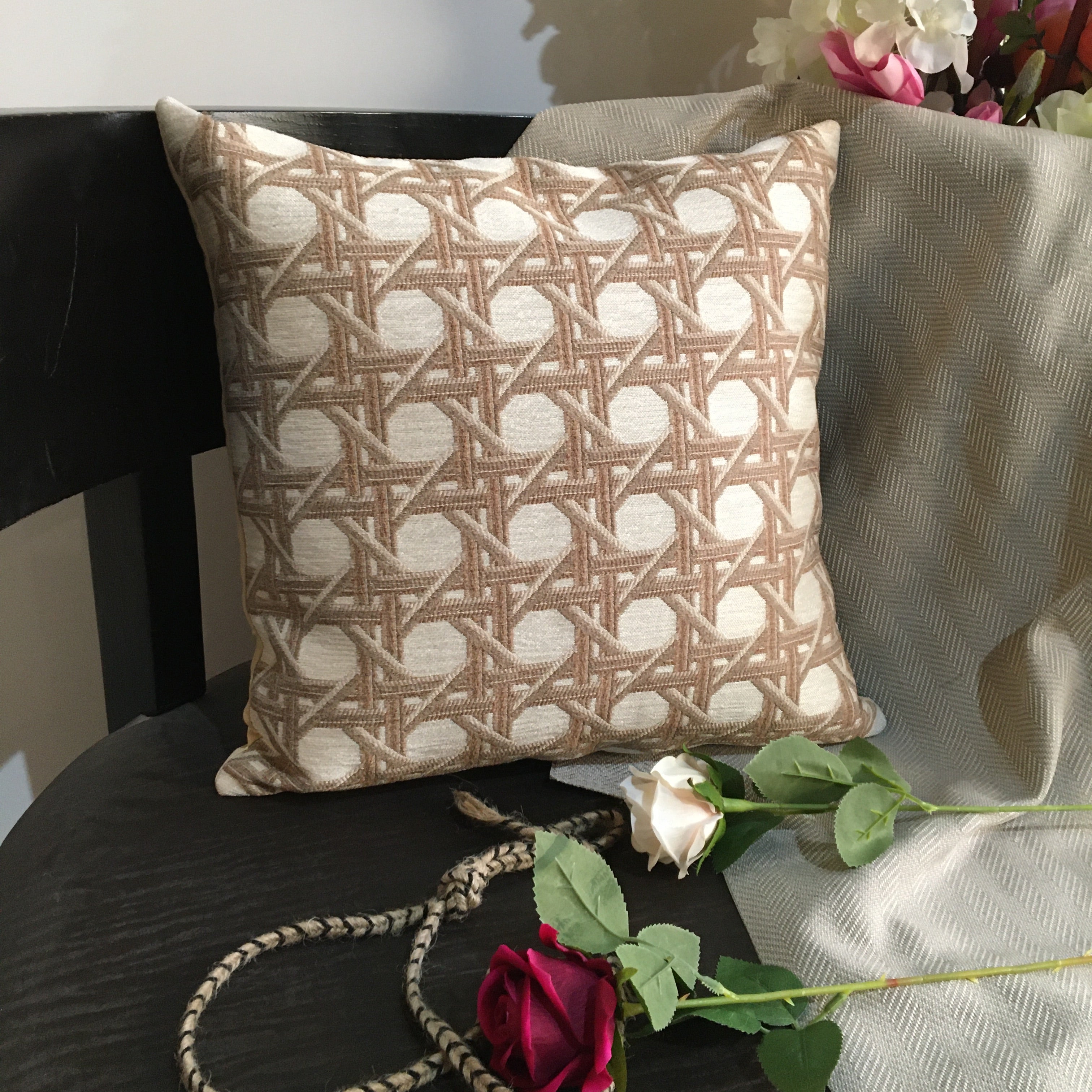 Beige Color Round Circle Printed Pattern Chenille Cushion Cover Design (16 x 16 inch) 1PC