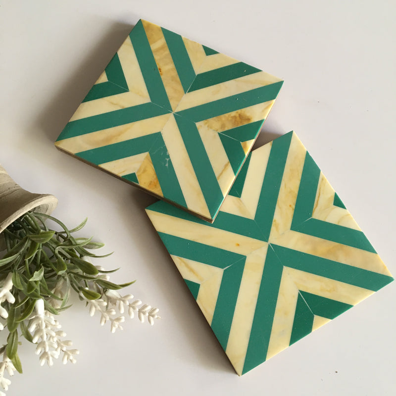 Square Table Coffee Coaster Set With Aqua Green Marble Finish Resin Coasters