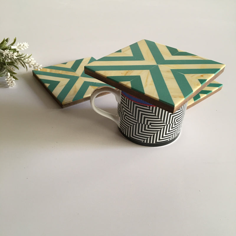 Square Table Coffee Coaster Set With Aqua Green Marble Finish Resin Coasters