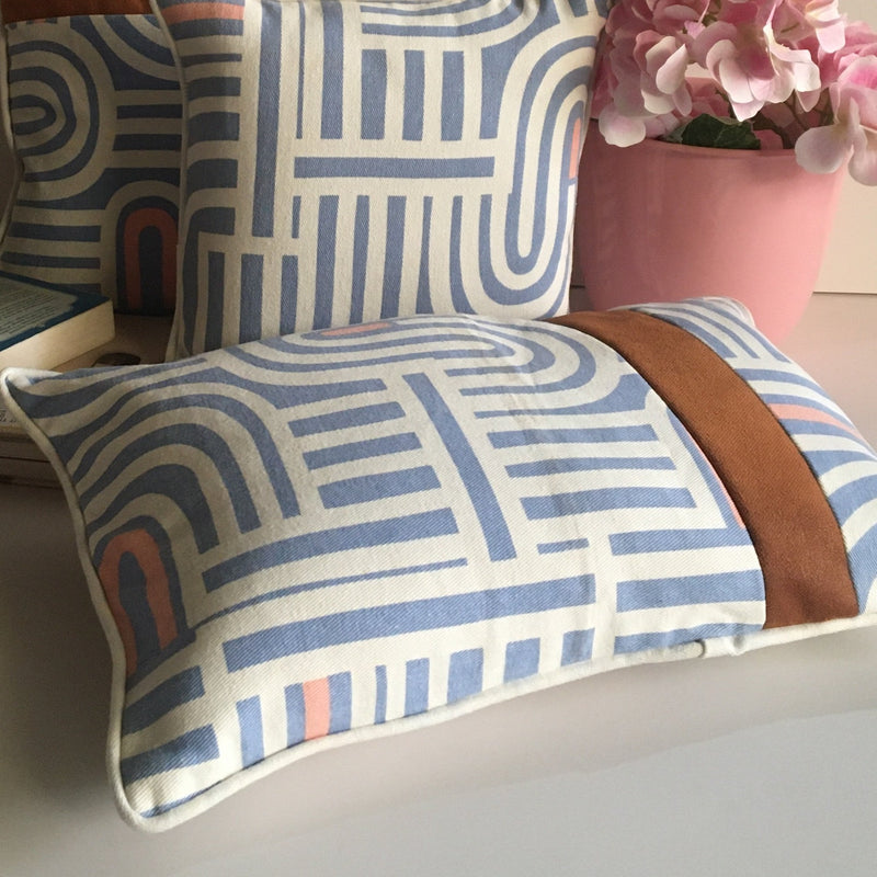 Jean Blue & White Stripes With Brown Stripe Cotton Pillow Cushion Cover 1Pc