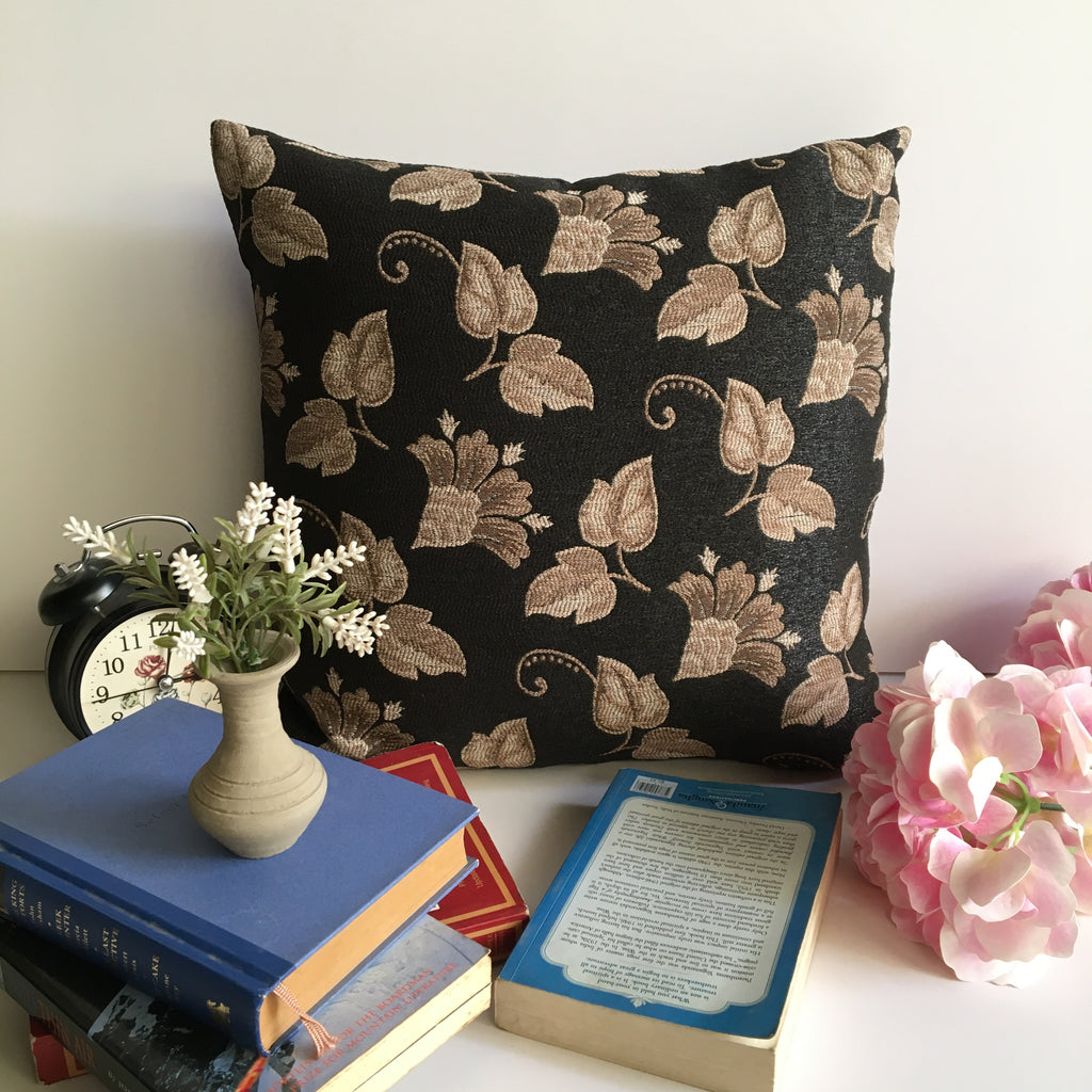 Decorative Black & Beige Leaf Pattern Sofa Cushion Cover Design (16 x 16 ) 1Pc