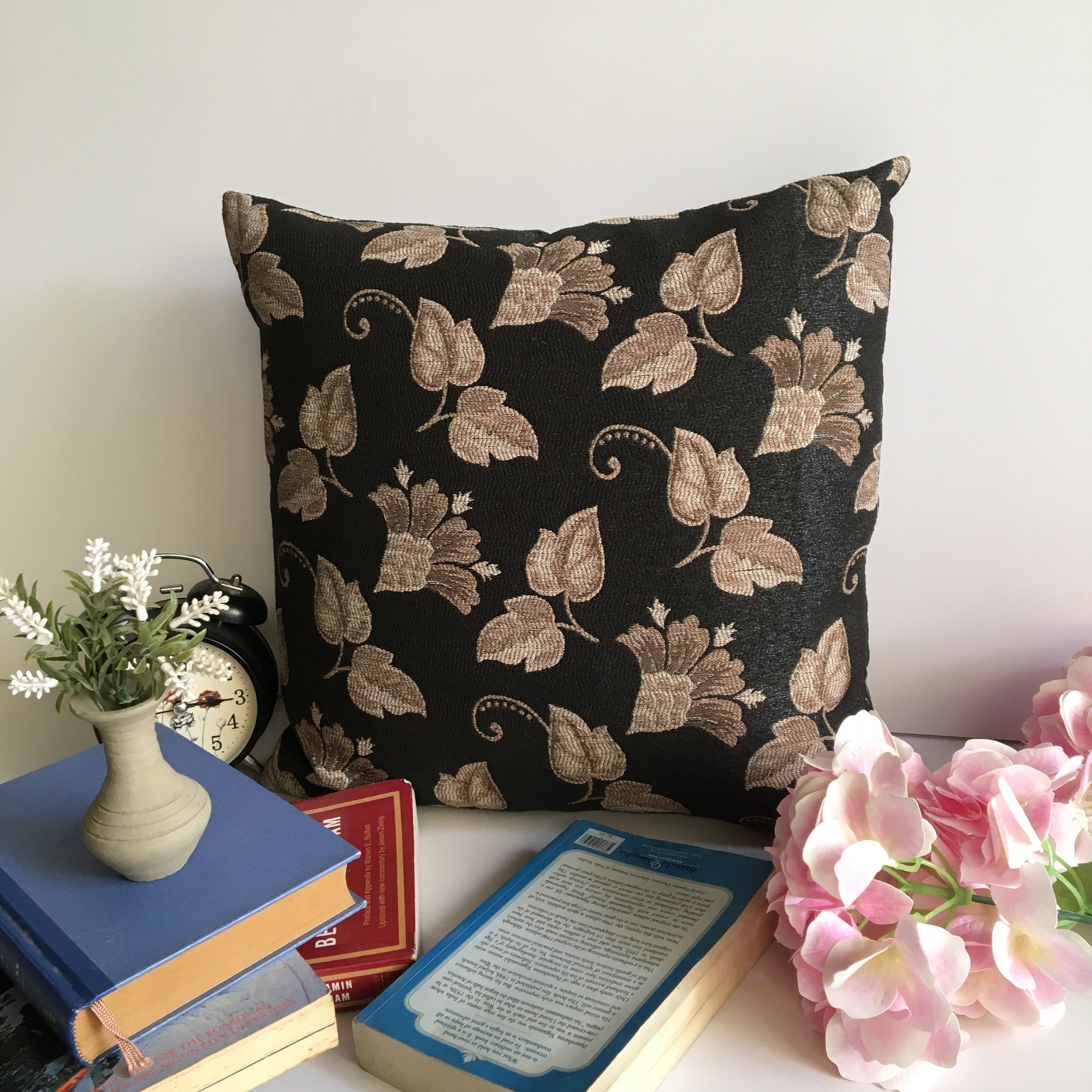 Decorative Black & Beige Leaf Pattern Sofa Cushion Cover Design (16 x 16 ) 1Pc