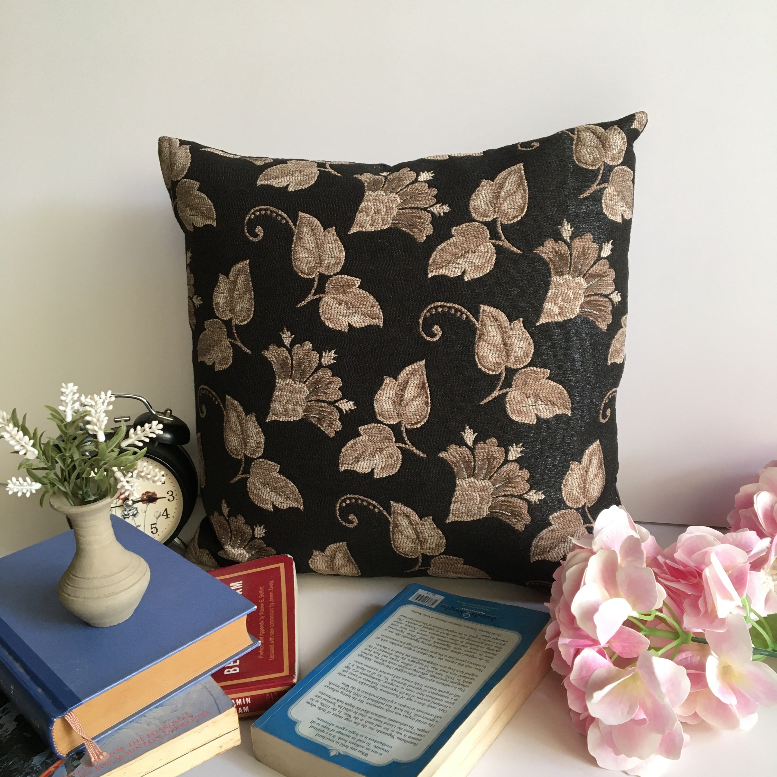 Decorative Black & Beige Leaf Pattern Sofa Cushion Cover Design (16 x 16 ) 1Pc