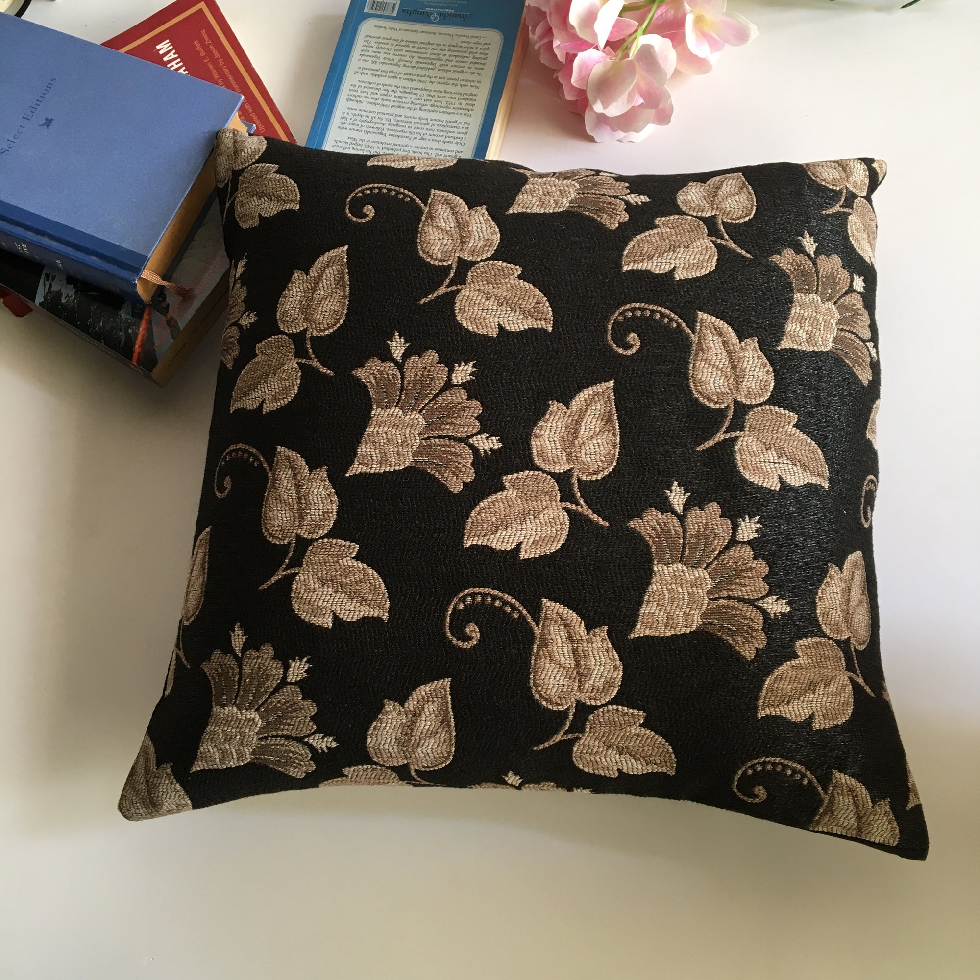 Decorative Black & Beige Leaf Pattern Sofa Cushion Cover Design (16 x 16 ) 1Pc