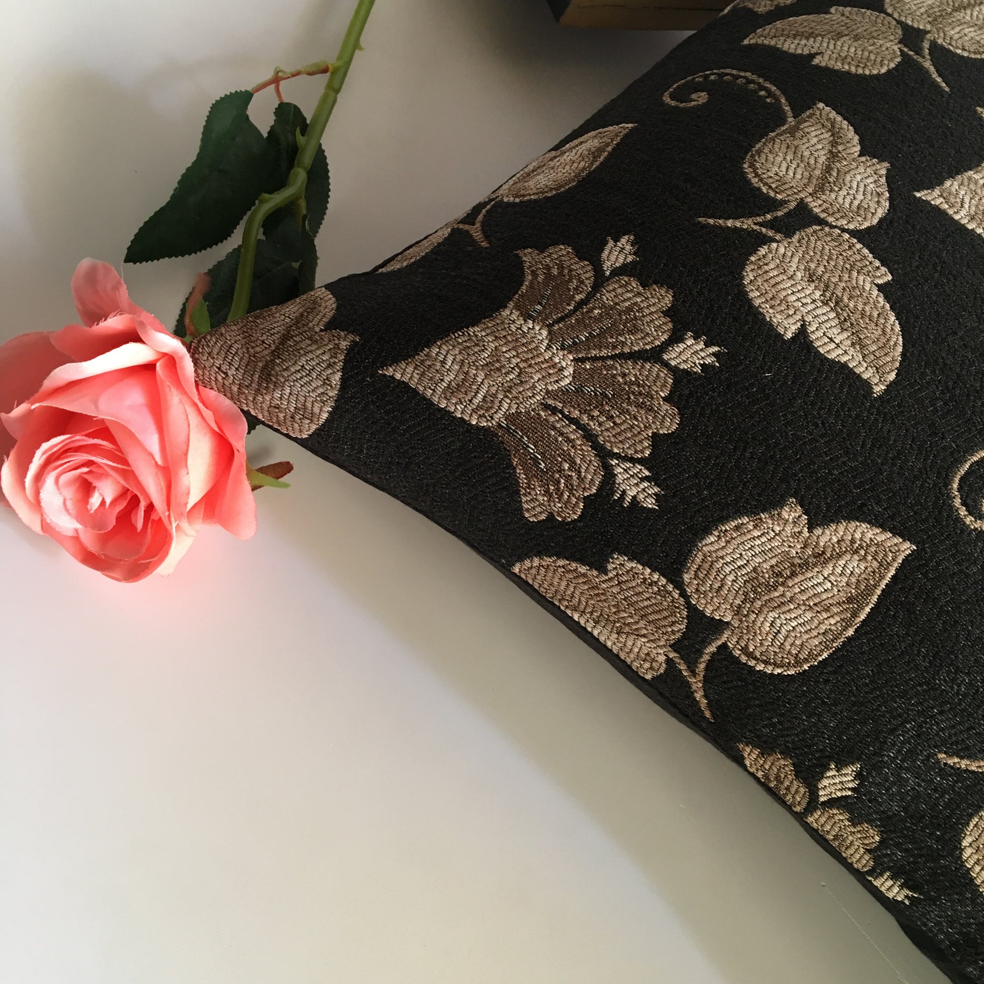 Decorative Black & Beige Leaf Pattern Sofa Cushion Cover Design (16 x 16 ) 1Pc