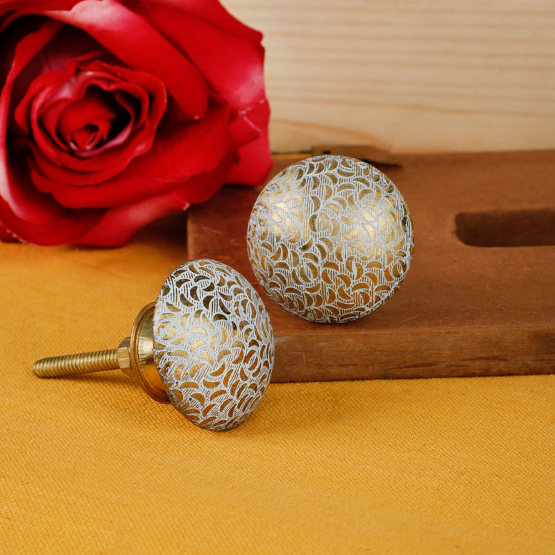 Moroccan Inspired White & Gold Patterned Brass Knob 1Pc