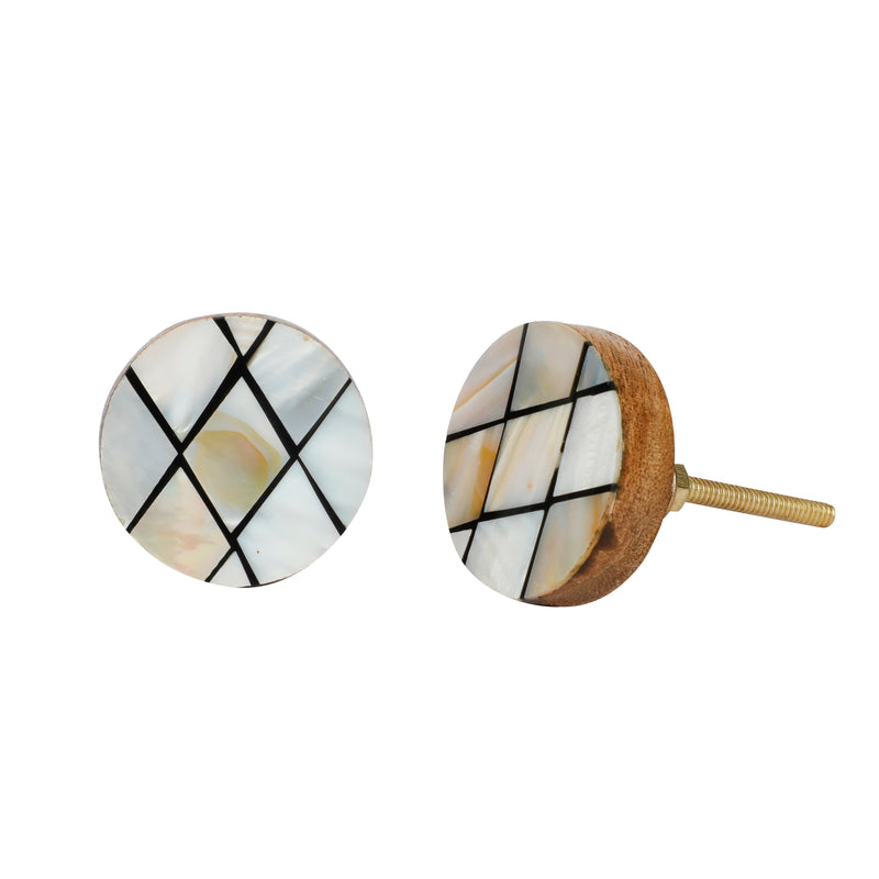 Cross Diamond Pattern Black & White Resin,Wood & MOP Cupboard Door Knob, Drawer Pull 1Pc