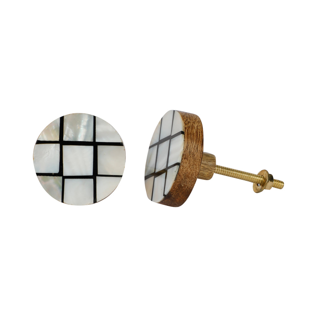Line Check Design Black & White Resin,Wood & MOP Cupboard Door Knob, Drawer Pull 1Pc