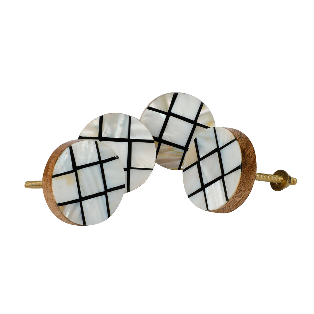 Line Check Design Black & White Resin,Wood & MOP Cupboard Door Knob, Drawer Pull 1Pc
