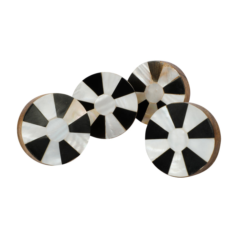 Flower Pattern Black & White Resin,Wood & MOP Cupboard Door Knob, Drawer Pull 1Pc