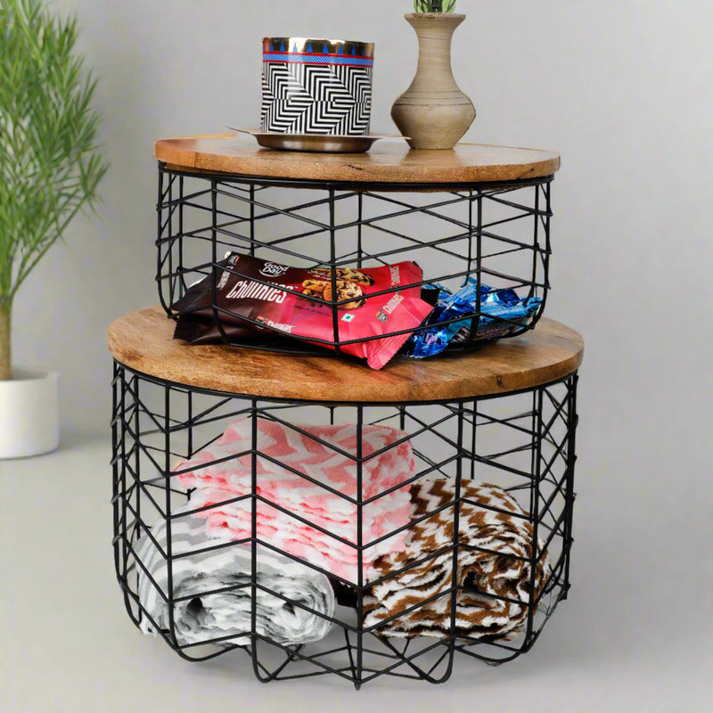 Metal Wire Fruit/Veggie/Multipurpose Basket With Wooden Lid By Fita