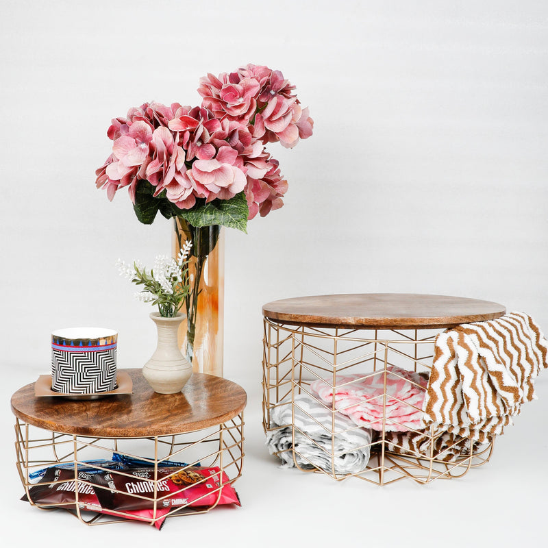 Metal Wire Fruit/Veggie/Multipurpose Basket With Wooden Lid By Fita