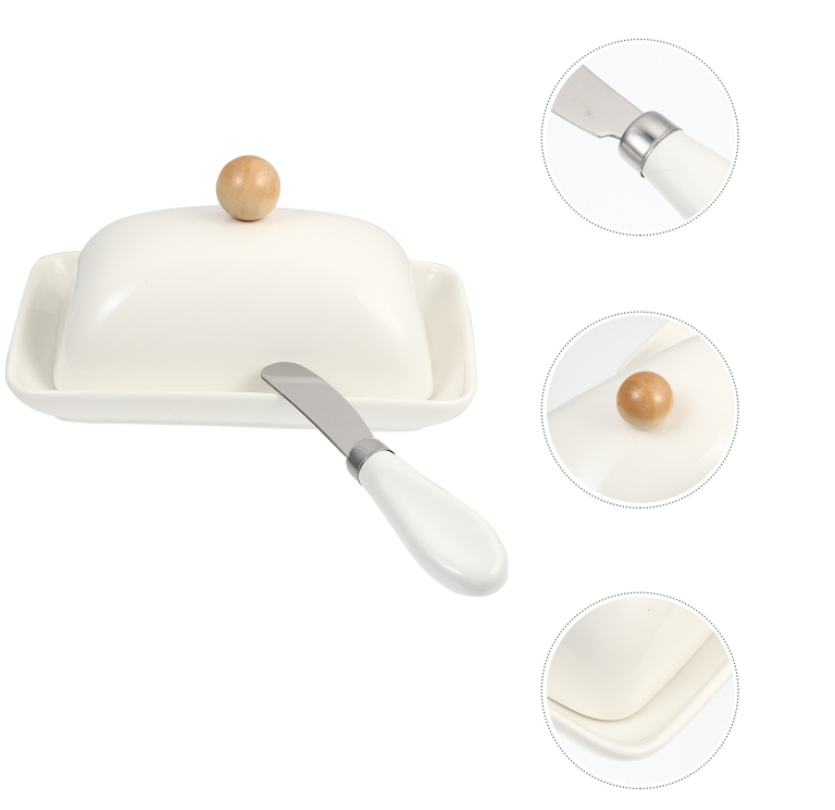 Household Butter Container with Lid Ceramic Cheese Case Dessert Plate