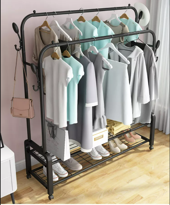 Clothes Storage Drying Rack Foldable Double Pole, With Hooks and Shoe Rack By CN