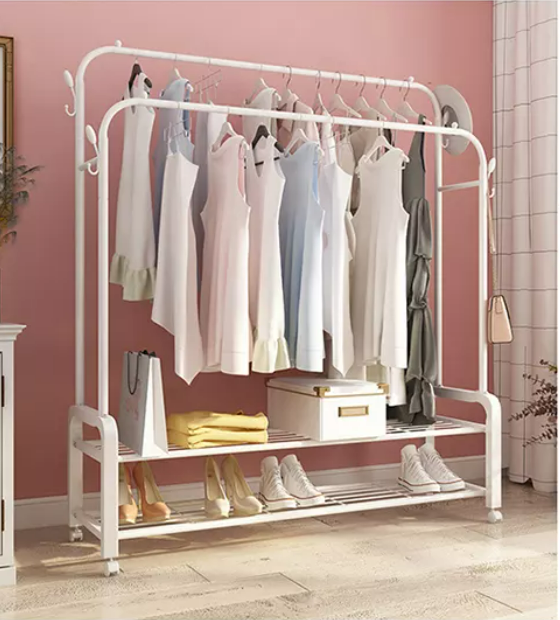 Clothes Storage Drying Rack Foldable Double Pole, With Hooks and Shoe Rack By CN