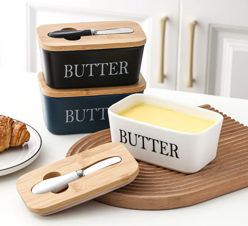Home Butter Box Butter Container With Knife holder And Wooden Lid