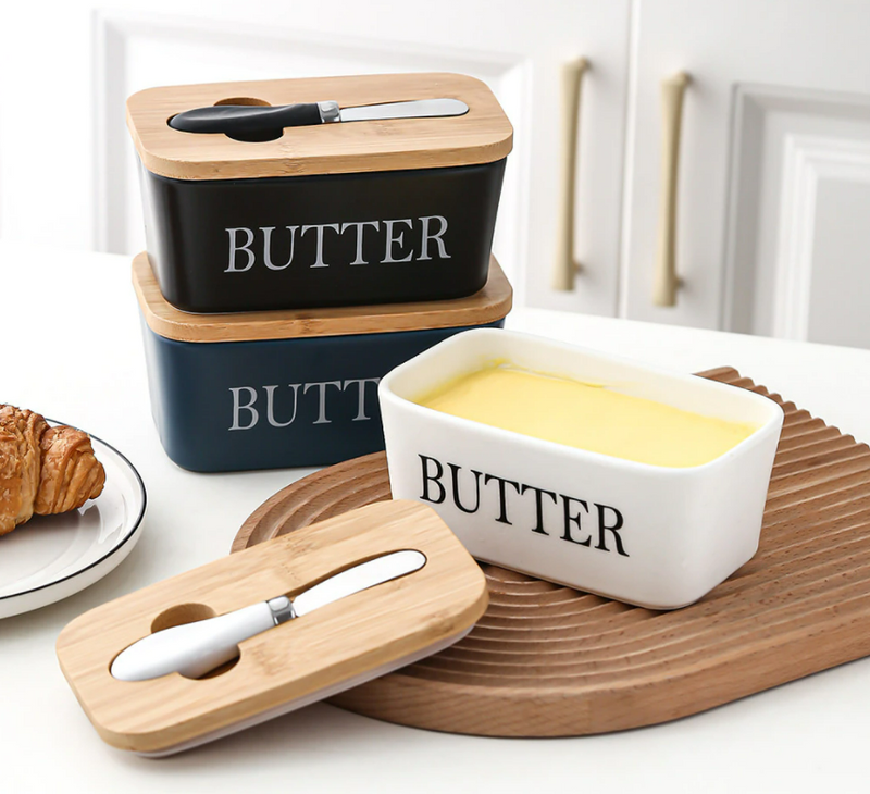 Home Butter Box Butter Container With Knife holder And Wooden Lid Ceramic Box 1 PC By CN