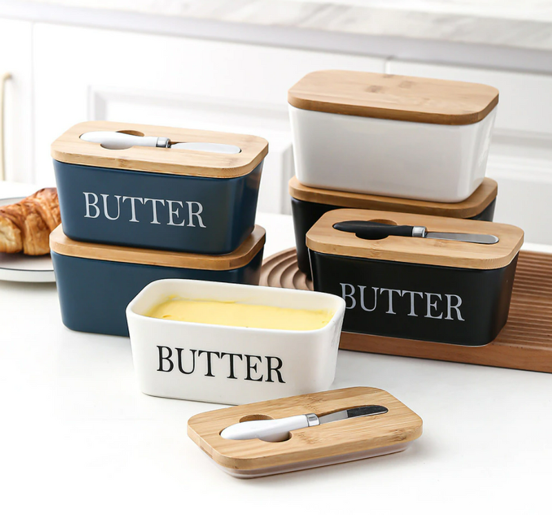 Home Butter Box Butter Container With Knife holder And Wooden Lid Ceramic Box 1 PC By CN