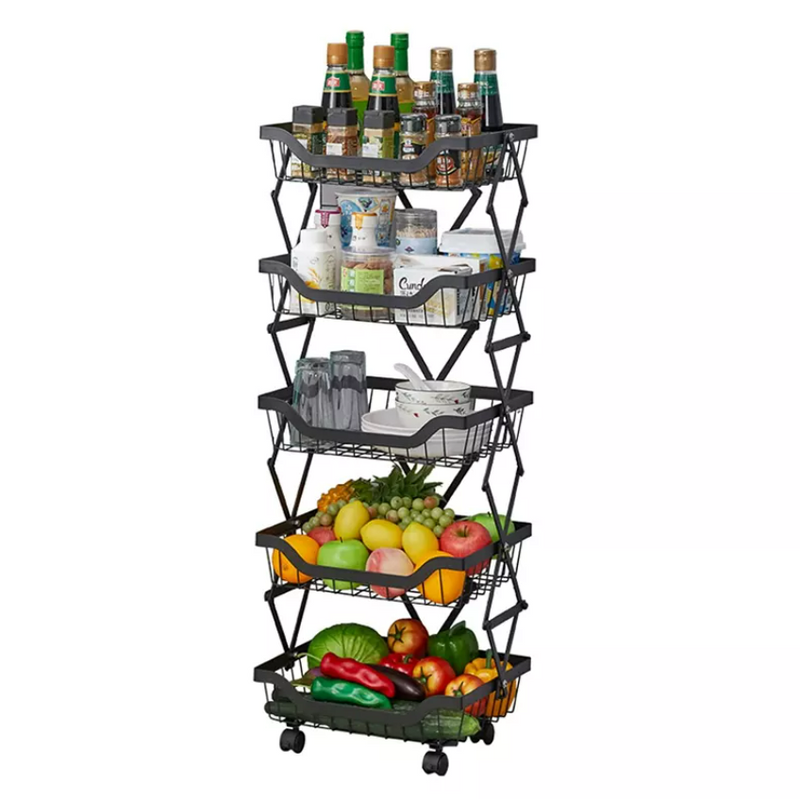 Kitchen Vegetable Storage Rack Foldable Rolling Metal Storage Organizer Cart By CN