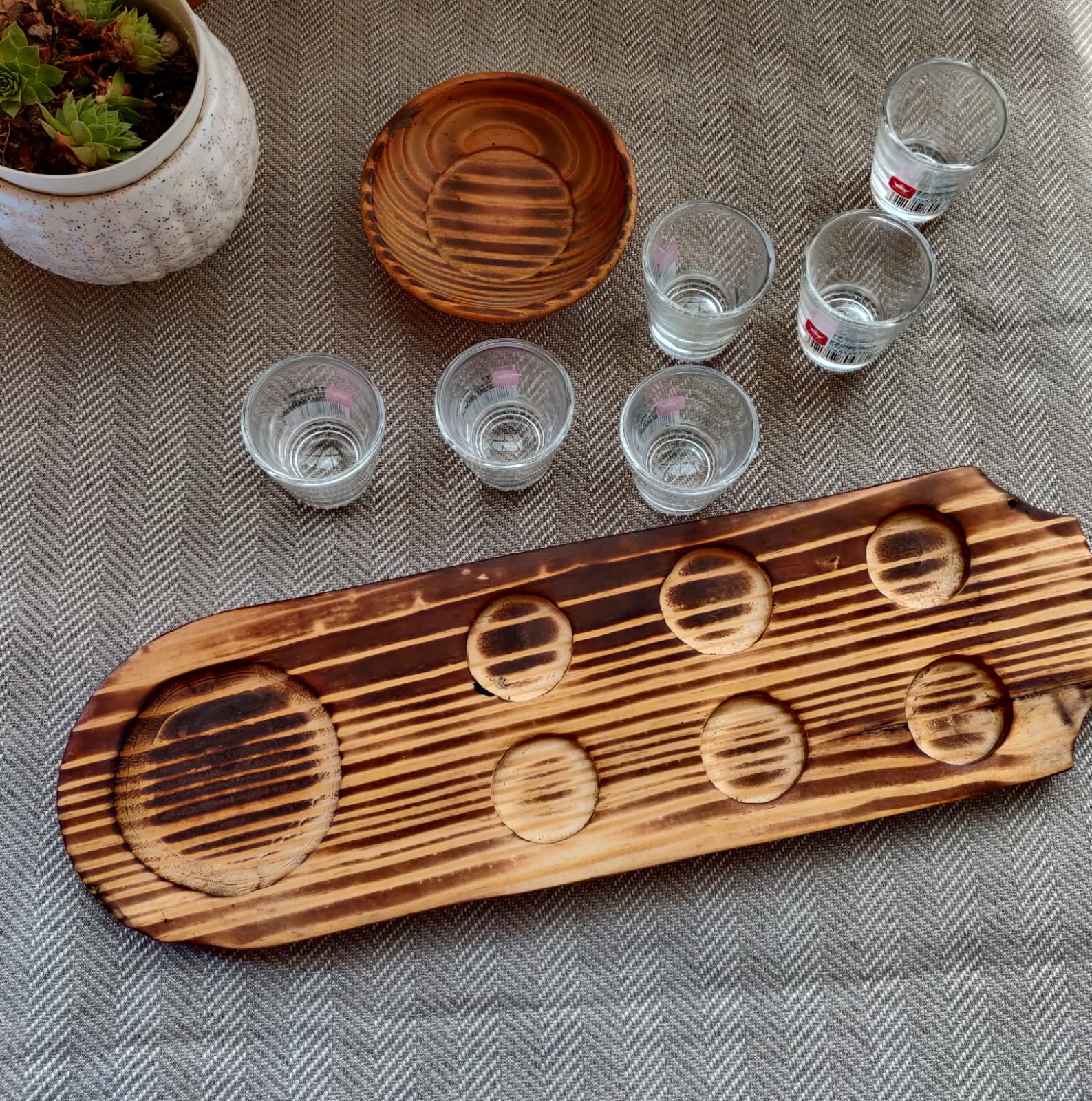Pine Wood Snack Service Dish with Shot Glasses & Bowl MK