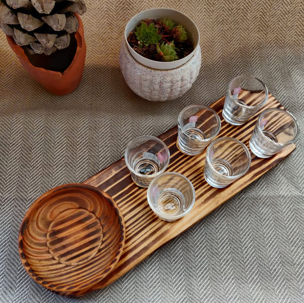 Pine Wood Snack Service Dish with Shot Glasses & Bowl MK