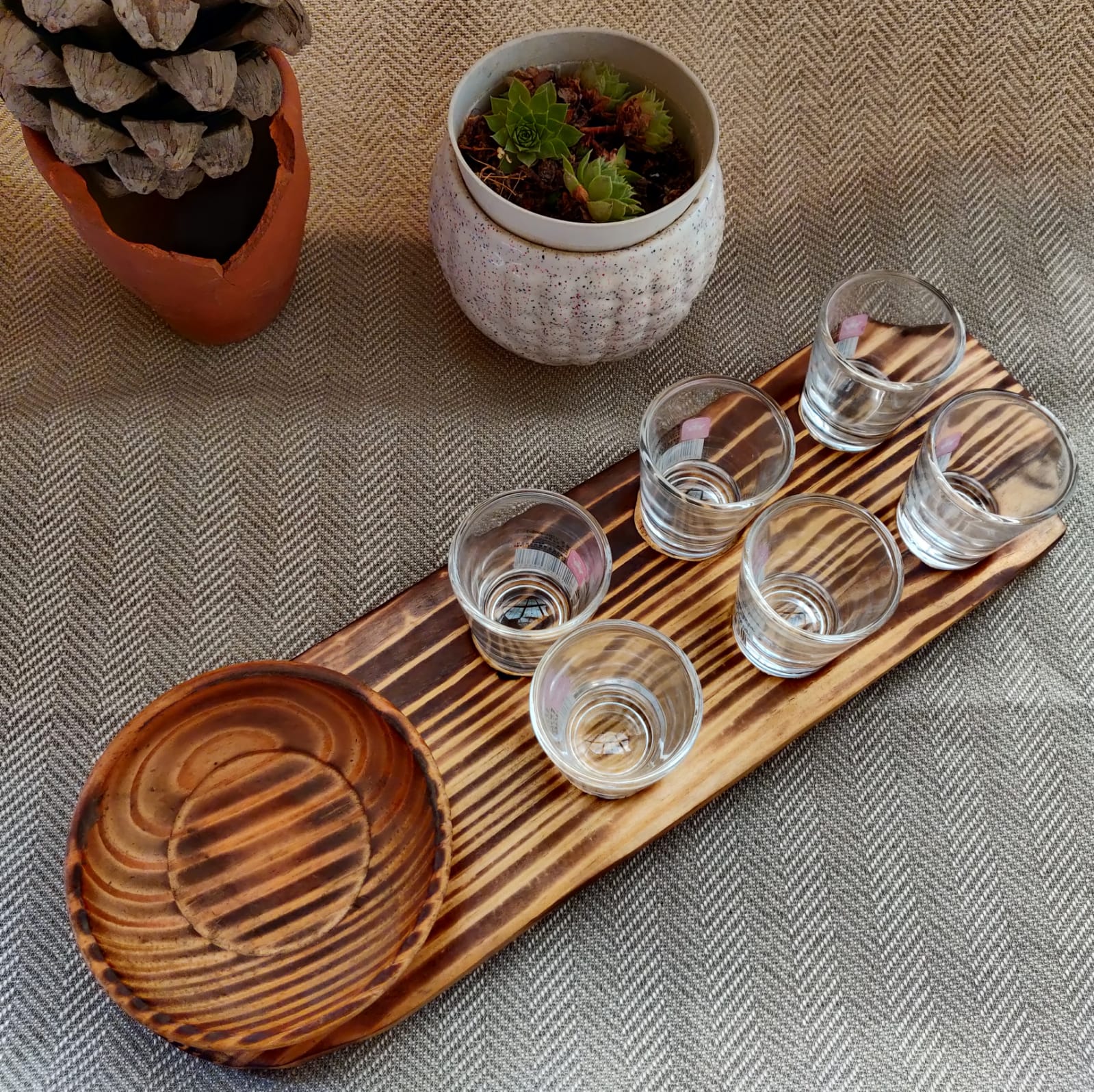 Pine Wood Snack Service Dish with Shot Glasses & Bowl MK