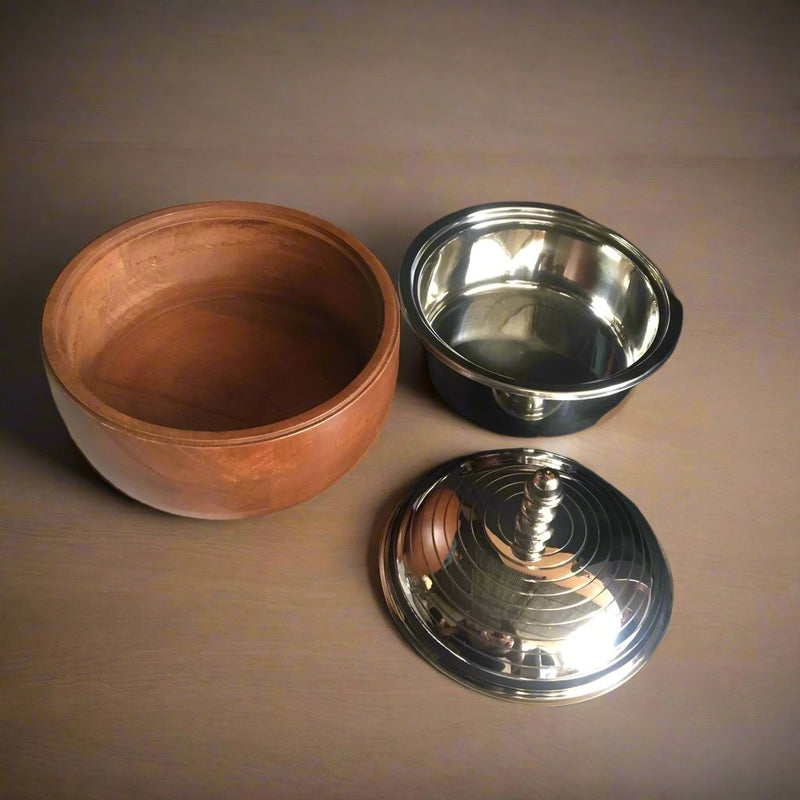 1.5L Serving Casserole/ Chapati Box In Mango Wood & Stainless Steel With Steel Bowl Inside By INDI