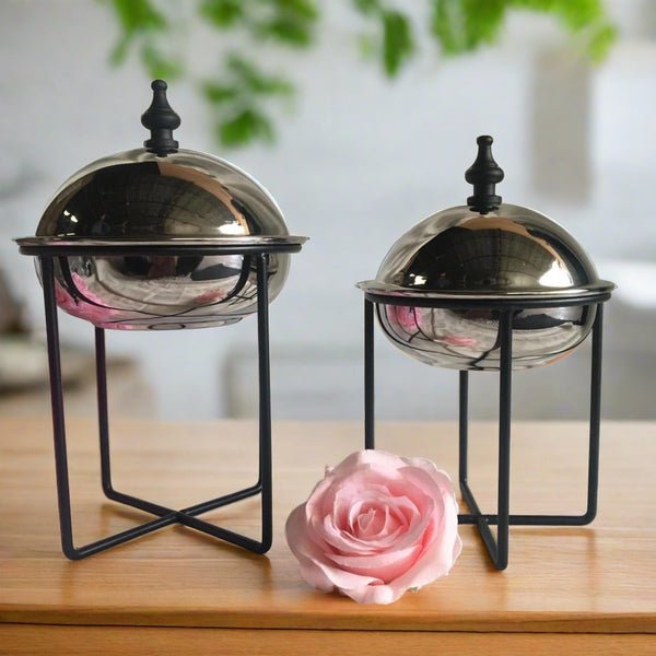 Butter Dish/Fruits & Nut Bowl/Candy Pot With Stand Stainless Steel Lid Set Of Two By INDI