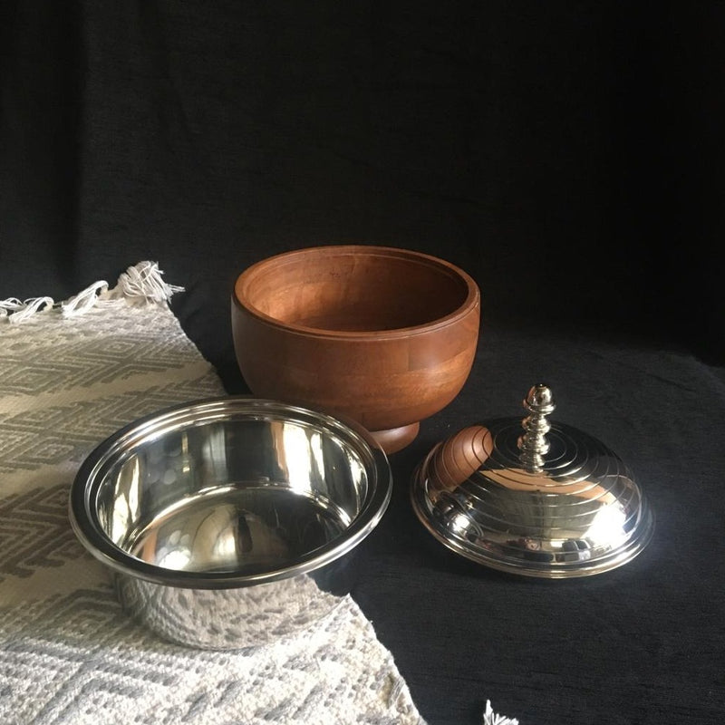 1.5L Serving Casserole/ Chapati Box In Mango Wood & Stainless Steel With Steel Bowl Inside By INDI