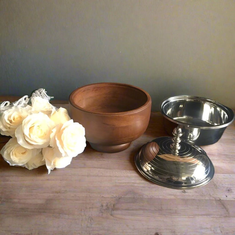 1.5L Serving Casserole/ Chapati Box In Mango Wood & Stainless Steel With Steel Bowl Inside By INDI