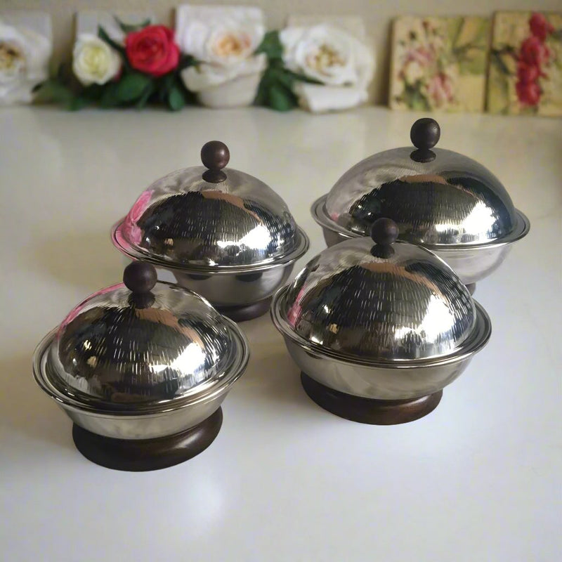 Fruits & Nut Bowl / Butter Dish / Serving Dish/Candy Pot In Stainless Steel With Lid Set Of 4 By INDI