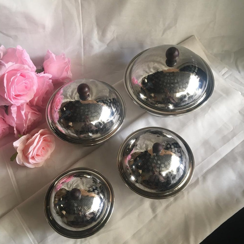 Fruits & Nut Bowl / Butter Dish / Serving Dish/Candy Pot In Stainless Steel With Lid Set Of 4 By INDI