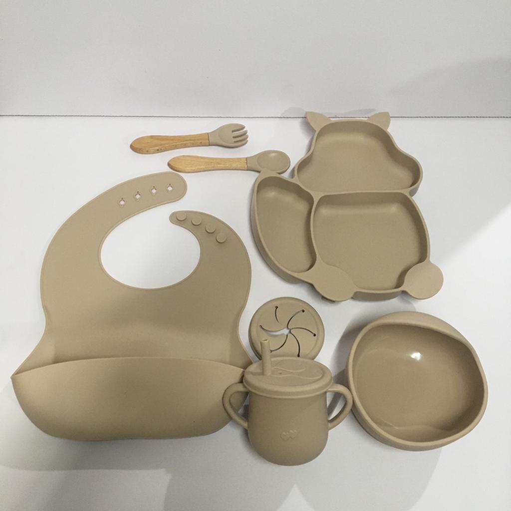 Cat Design Eco-Friendly Baby Silicone Bibs Dinner Plate/Feeding Set By CN