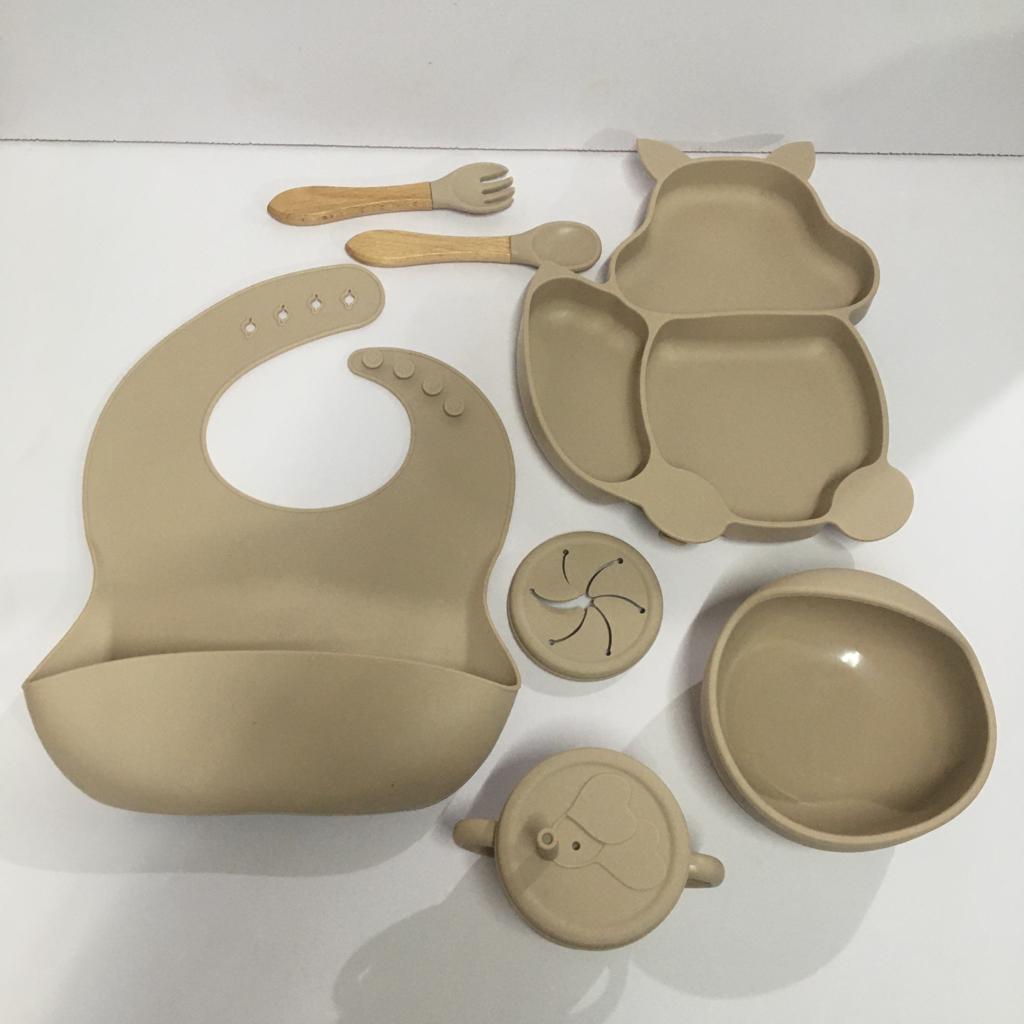 Cat Design Eco-Friendly Baby Silicone Bibs Dinner Plate/Feeding Set By CN